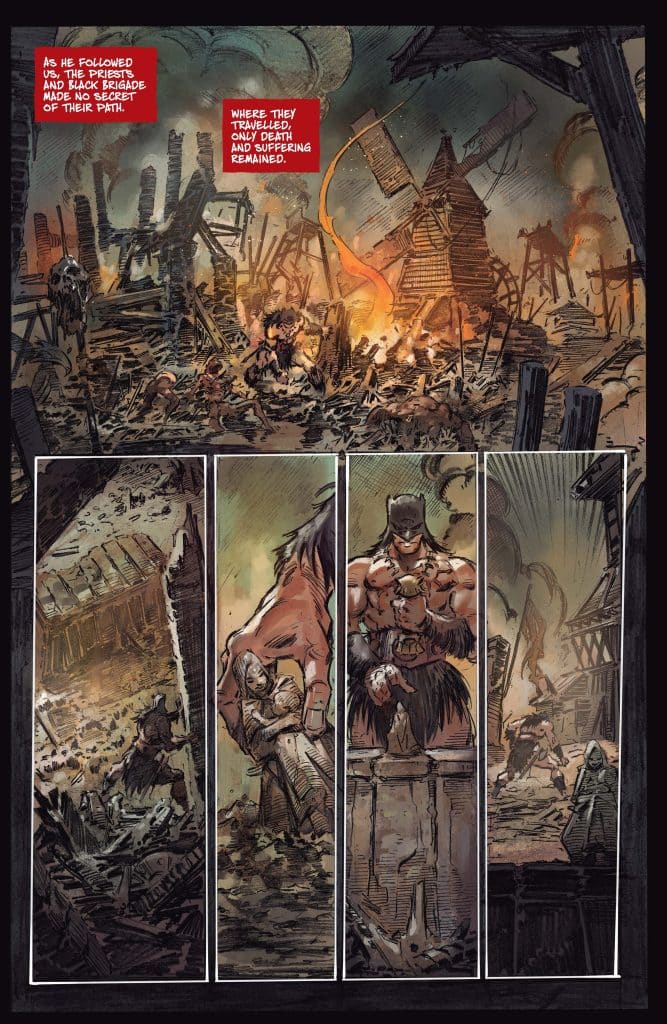 A dark comic book panel depicting a devastated landscape, with burning ruins and debris scattered across the ground. The central figure, in the foreground, shows a muscular warrior holding a weapon, while other figures are seen in various distressed poses, highlighting themes of death and suffering.