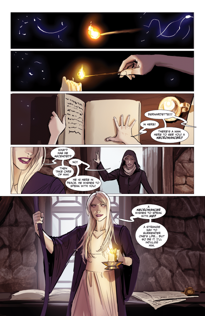 A fantasy comic scene featuring a woman with long hair holding a glowing object and reading from a book, while a cloaked figure stands in the background. Dialogue suggests a conversation about a necromancer and the woman's willingness to engage with him.