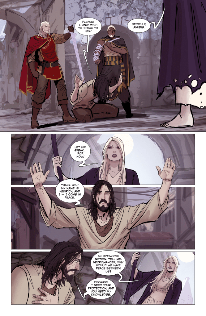 A scene from a comic showing a confrontation with a character named Heinrich pleading to speak, while others stand with weapons drawn. One character, with long blonde hair, is urging restraint as another, wearing a robe, listens with a skeptical expression.