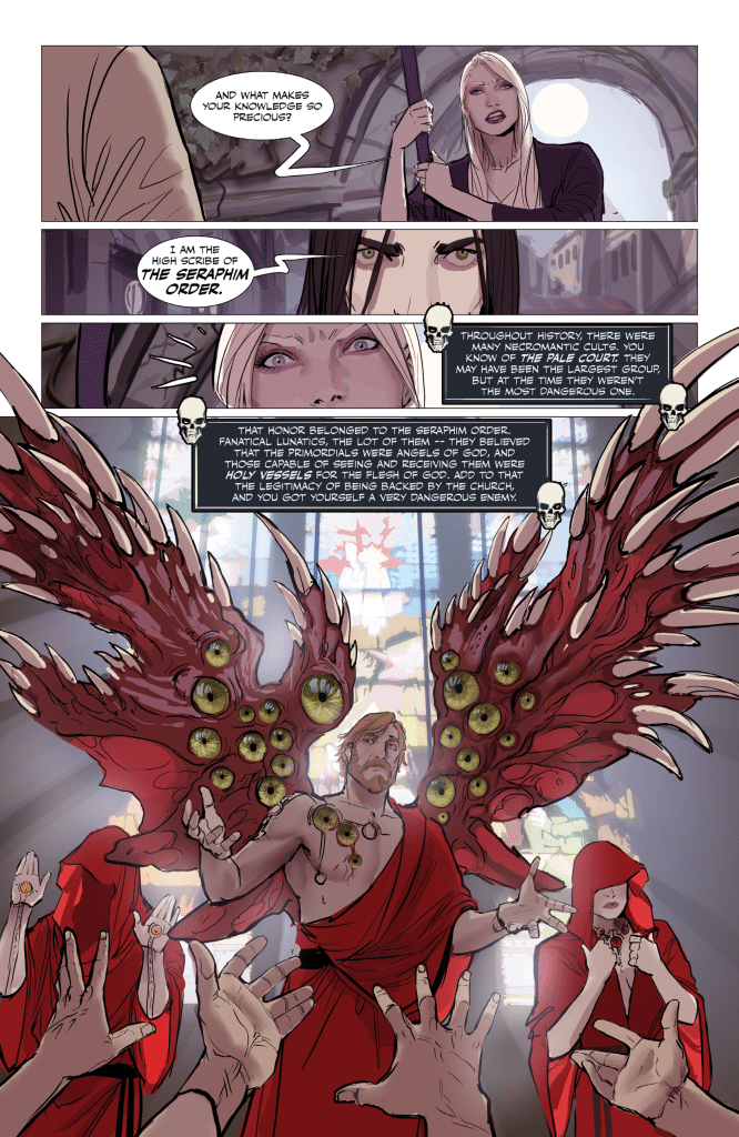 A dramatic comic panel depicting a charismatic figure with large, ornate wings adorned with eyes, dressed in a flowing red robe, standing in a cathedral-like setting. Surrounding figures in red robes watch intently, while others extend their hands forward. The atmosphere suggests themes of power and ritualistic worship.