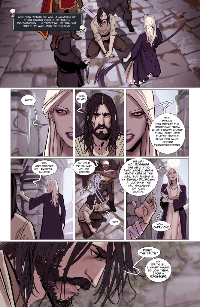 A comic panel depicting a tense conversation between three characters in a fantasy setting. The central figure, a man with long hair and a serious expression, is questioned about betrayal. A woman in a dark robe gestures expressively, while another character, kneeling, looks concerned. The atmosphere hints at themes of judgment and truth.