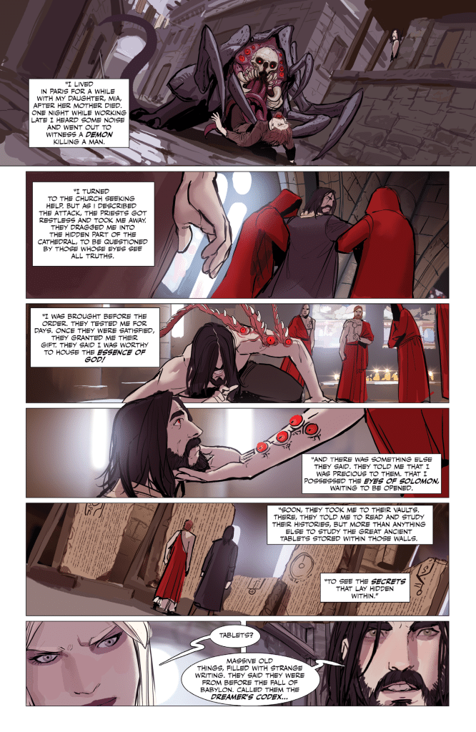 A dark fantasy comic panel depicting a skeletal demon attacking a man in a gothic cathedral. Characters in red robes observe the scene, while another figure with long hair and expressions of concern and curiosity speaks about ancient tablets.