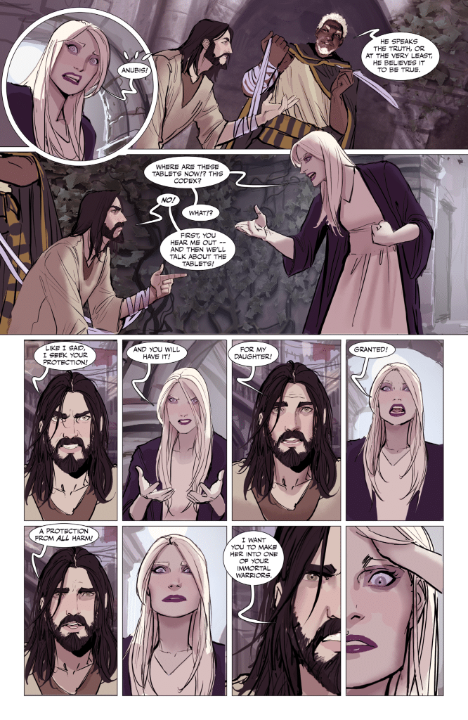 A comic panel featuring four characters in a dramatic exchange. One character expresses concern about missing tablets, while another insists on first discussing them. The characters display a range of emotions, including anger, desperation, and determination.