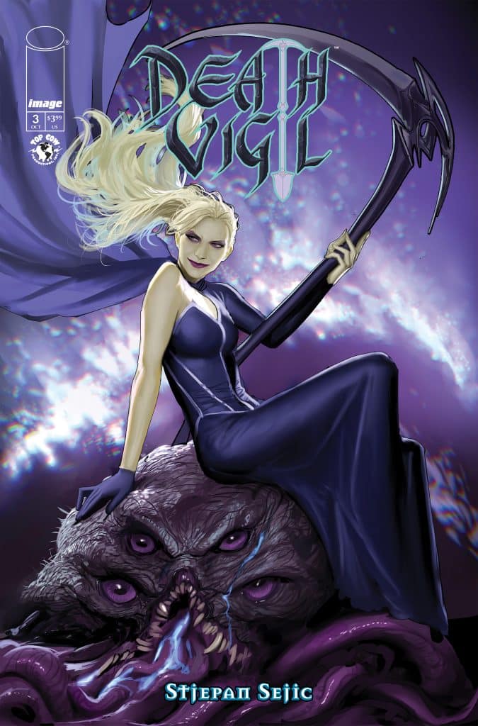 Cover of the comic book 'Death Vigil' featuring a character in a long dark dress holding a scythe, seated on a creature with multiple eyes and a mouth, set against a mystical, colorful background.