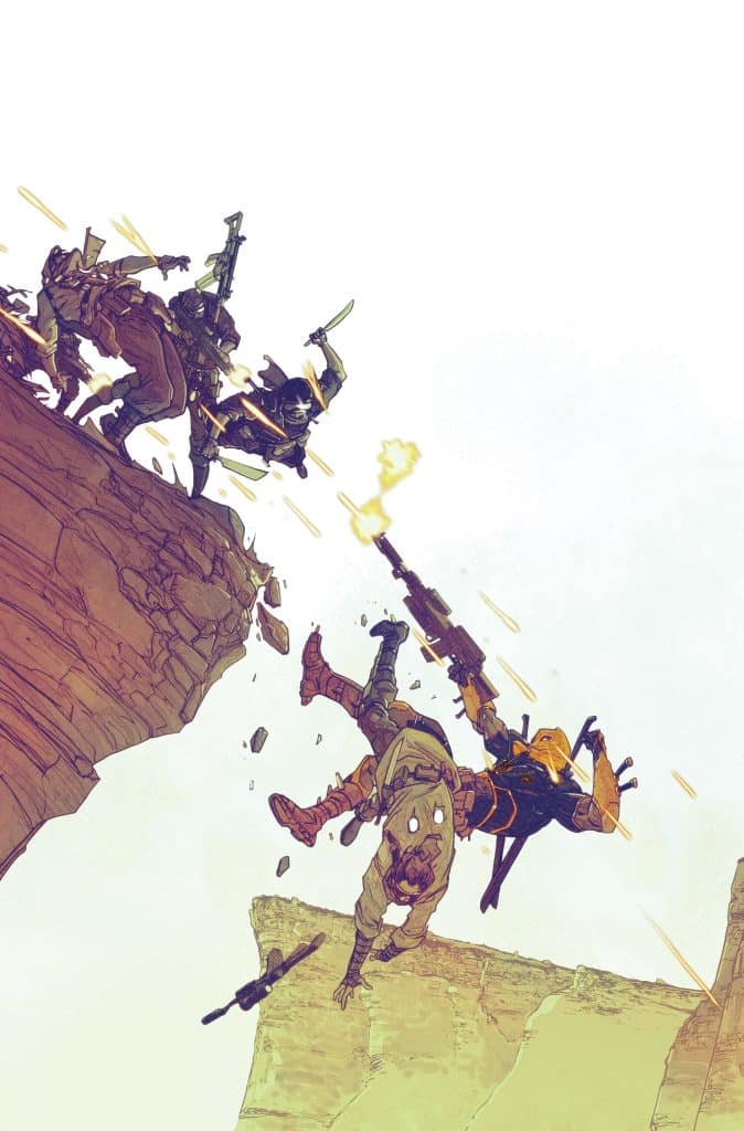 An action-packed illustration of a confrontation on a cliff, featuring armed fighters engaging in battle, with one figure being thrown off the edge and gunfire visible in the scene.
