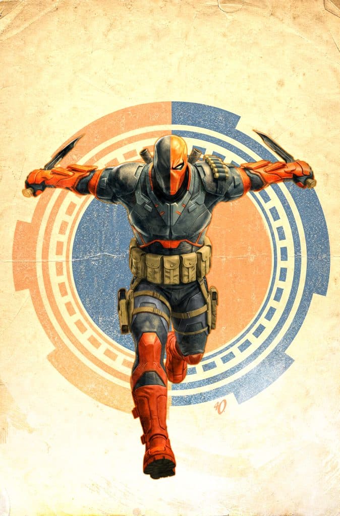 A stylized illustration of a superhero character in a dynamic pose, holding dual swords, with a circular graphic background in blue and orange tones.