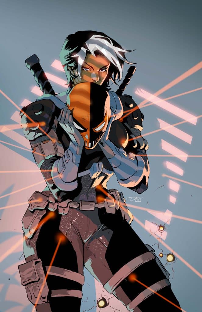 A female character with white hair wearing tactical gear holds a mask with a half-black and half-orange design, amidst a backdrop of light beams and futuristic elements.