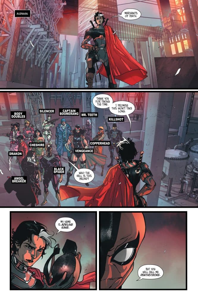 A comic book scene featuring several characters in a dramatic setting. A woman in a red cape stands confidently, surrounded by various masked figures, including a character with a gun and another holding a grenade. Dialog bubbles provide character names and interactions.