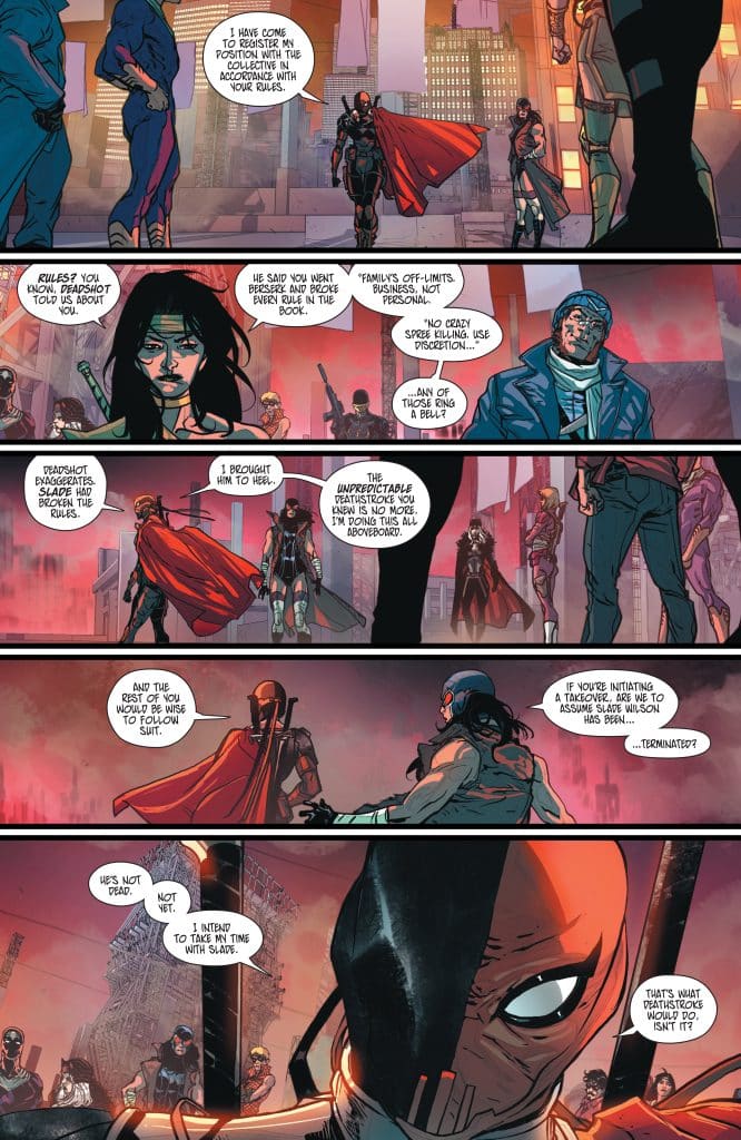 A comic book page featuring a group of characters in a city setting, engaged in a tense conversation. One character, dressed in a red outfit with a cape, is addressing others. Dialogue suggests themes of rules, betrayal, and a potential takeover. Various characters exhibit distinct costumes and facial expressions indicating different emotions.