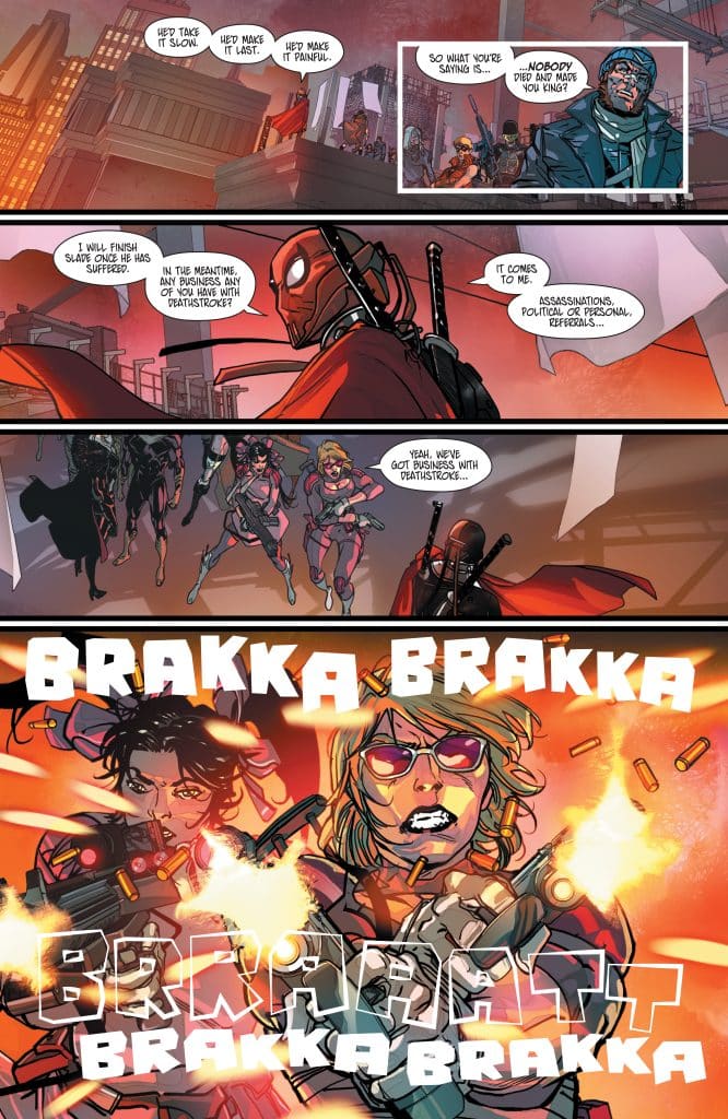 A comic book scene featuring Deadpool conversing with another character on a rooftop, with an urban background. The characters discuss business involving Deathstroke. The bottom panel shows two female characters firing weapons with onomatopoeic text 'BRATTA BRATTA' depicting gunfire.