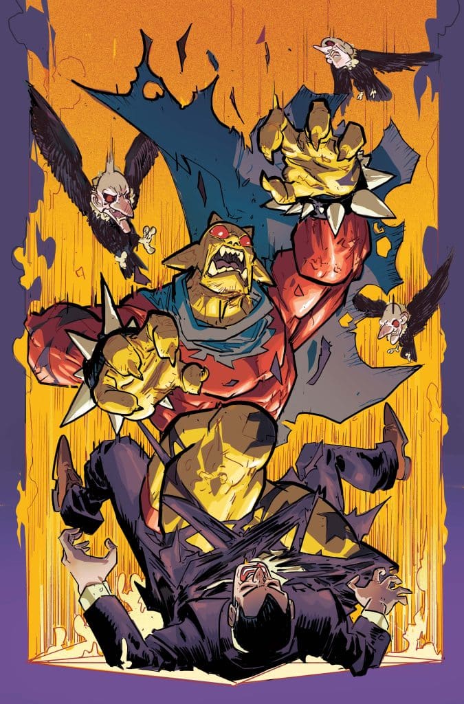 A powerful, muscular monster with spikes and a cape is attacking a man in a suit, who is on the ground looking terrified. Dark flying creatures can be seen in the background against an orange and purple backdrop.
