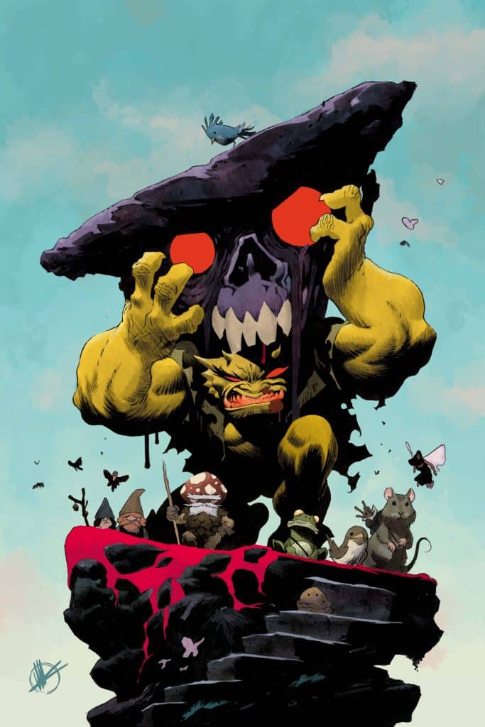 A giant, menacing creature with bright red eyes looms over a rocky cliff, surrounded by small fantastical creatures including gnomes and animals. The creature has vibrant yellow skin and is reaching out with clawed hands, while a bird flies nearby against a blue sky.