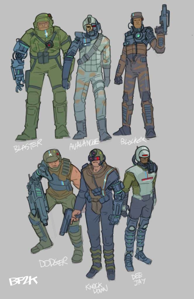Illustration of six distinct futuristic characters, each wearing unique armor and holding weapons: Blaster, Avalanche, Blocker, Dodger, Knock Down, and Dee Jay7.