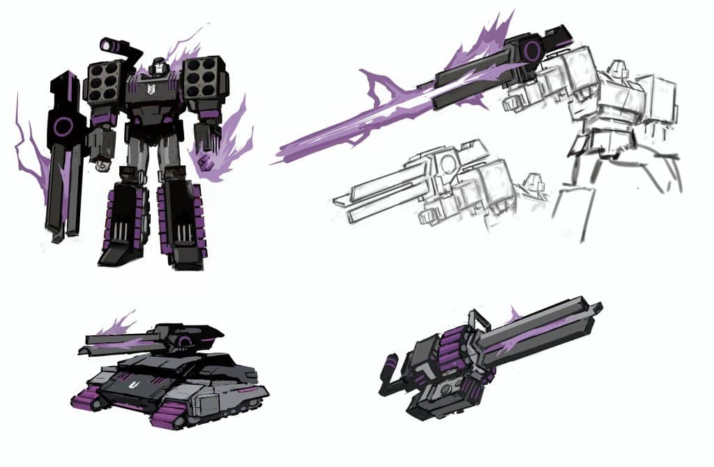 Illustration of a robot character with a gun and tank design, featuring dark colors and purple accents, showcasing different perspectives and sketches.