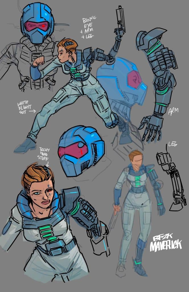 Character design featuring a female figure in a futuristic white flight suit with bionic enhancements, including a bionic eye and mechanical arm and leg. The design includes multiple angles and details of her helmet and outfit, showcasing technological elements.