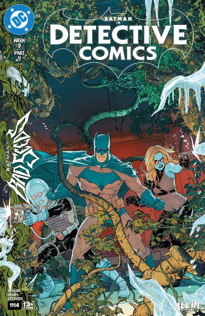 Cover of Detective Comics featuring Batman in the foreground surrounded by characters including a masked figure and a woman, with a dense, vine-covered background.