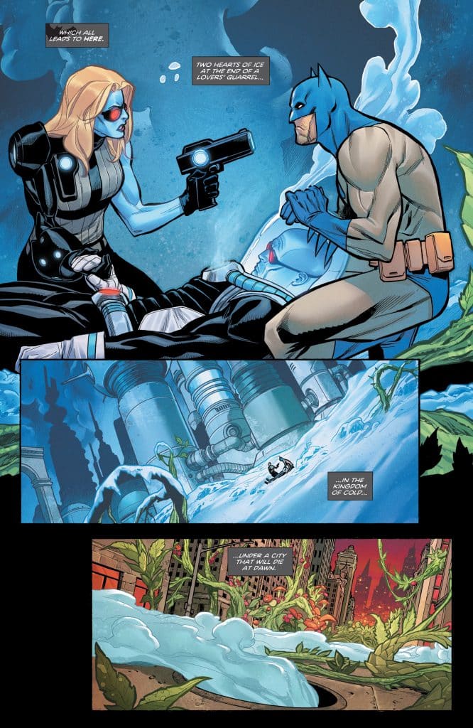 A woman with icy blue skin and a futuristic costume points a gun at a man dressed as Batman, who appears concerned. They are surrounded by a watery and partially ruined environment, with machinery and foliage in the background. Speech bubbles contain poetic text referencing love and danger.