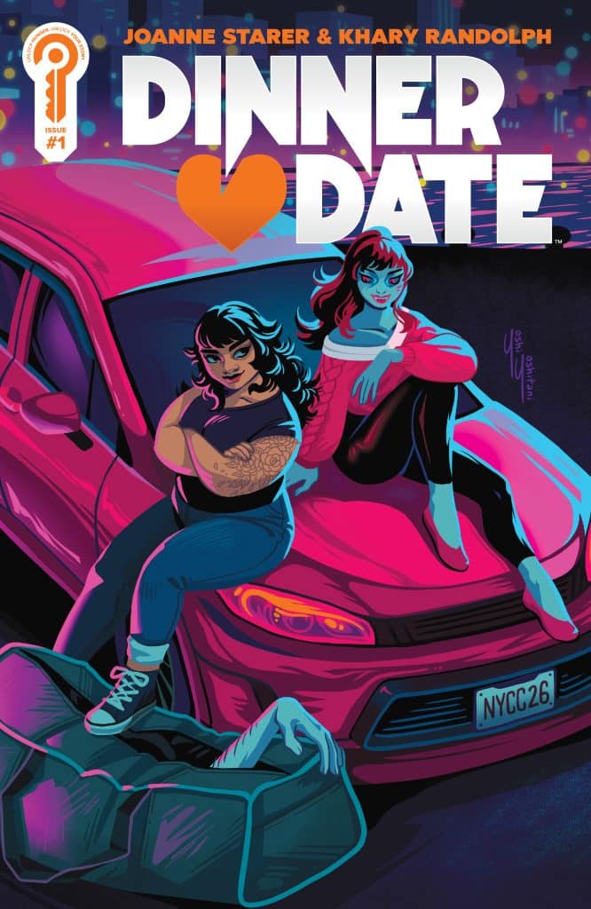 Cover of the comic 'Dinner Date' featuring two stylized women sitting on a pink car, one with tattoos and the other with red hair, set against a vibrant city background.