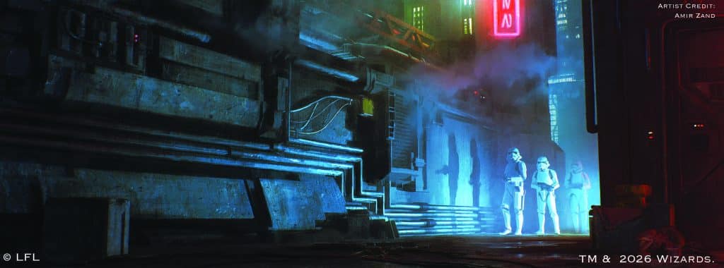 Futuristic alleyway with neon lights and mist, featuring three figures dressed in white uniforms.