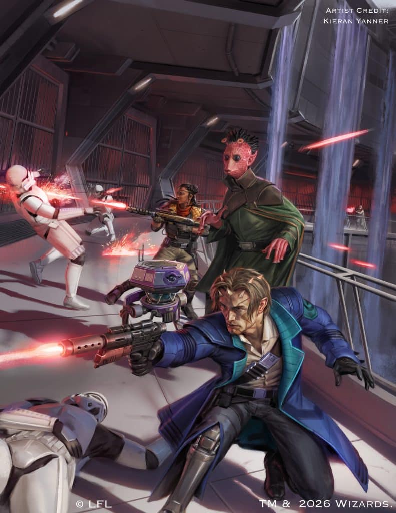 A dynamic sci-fi scene featuring characters engaged in combat, with a mix of humanoids and droids wielding blasters in a futuristic environment. The foreground shows a man in a blue coat aiming his weapon, while a diverse group, including a figure with a green cloak and a droid, provides support. Blasters show red fire trails, and a stormtrooper is downed in the background.