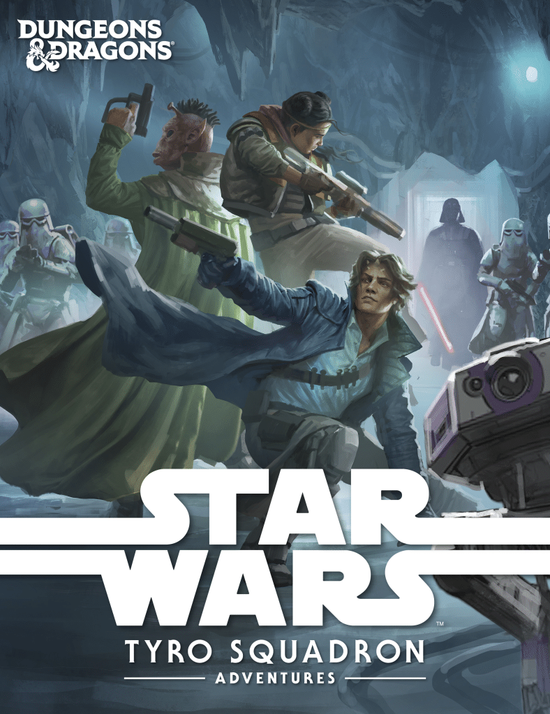 A group of characters from a fantasy setting, armed and in action poses, set against a dramatic cave backdrop. The scene features a mix of diverse characters, including one with a blaster, another in a green robe, and a figure wielding a lightsaber. The iconic Star Wars logo is prominently displayed at the top.