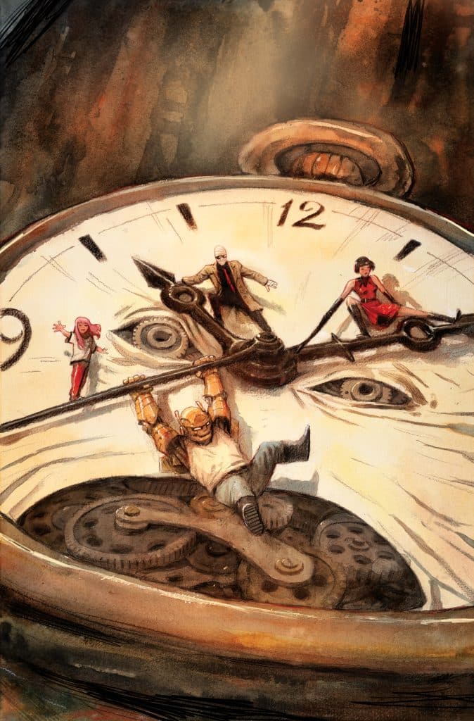 An artistic depiction of a large clock face with characters battling atop the clock hands, featuring gears and an eye motif in the background.
