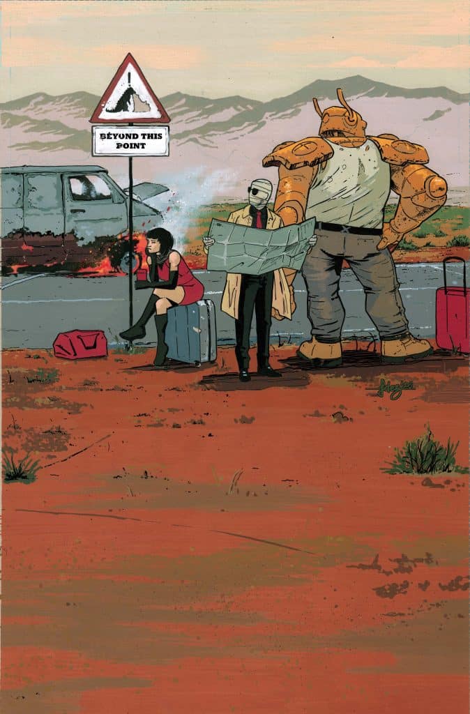 A group of three characters stands on a dusty road near a warning sign that says 'Beyond This Point.' One character sits on a suitcase looking thoughtful, another wears a mask and holds a container, while the third is a large, armored figure. In the background, a van is partially visible with smoke rising from it.