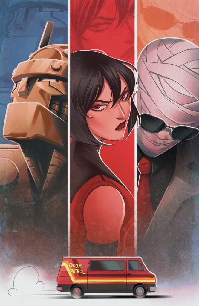 Illustration featuring characters from Doom Patrol, including a mechanical figure, a stern-looking female character, and a wrapped figure wearing sunglasses, set against a stylized background with a van labeled 'Doom Patrol'.