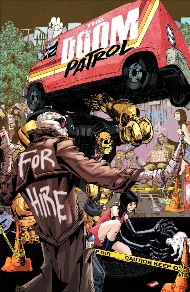 A comic book cover featuring The Doom Patrol van being lifted by a robotic character, with a figure in a trench coat displaying 'FOR HIRE' on the back. In the background, various characters and caution tape are visible, suggesting a chaotic scene.