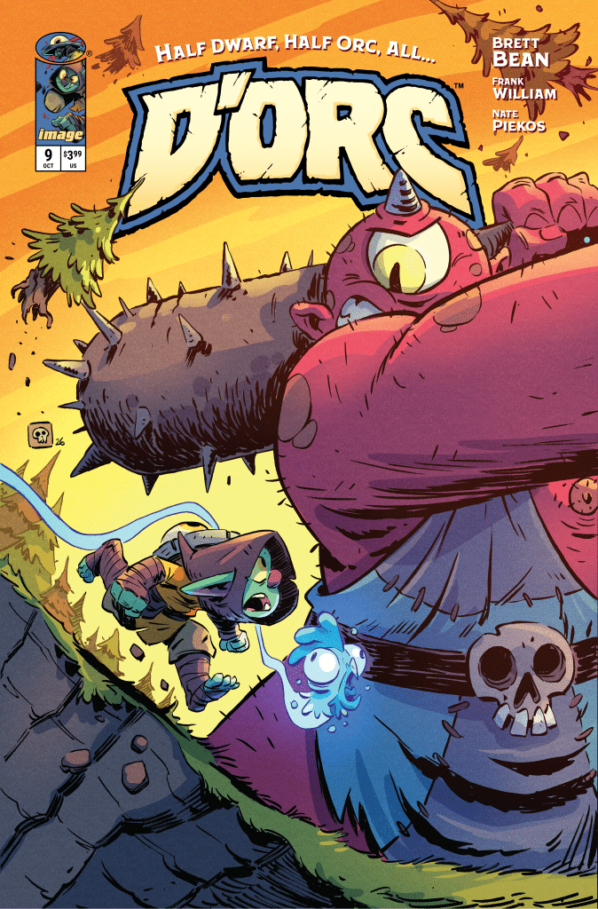 Cover of the comic book D'ORC, featuring a half dwarf, half orc character in a dynamic pose, accompanied by a blue ghost-like creature. The background includes vibrant colors with trees and rocky terrain.