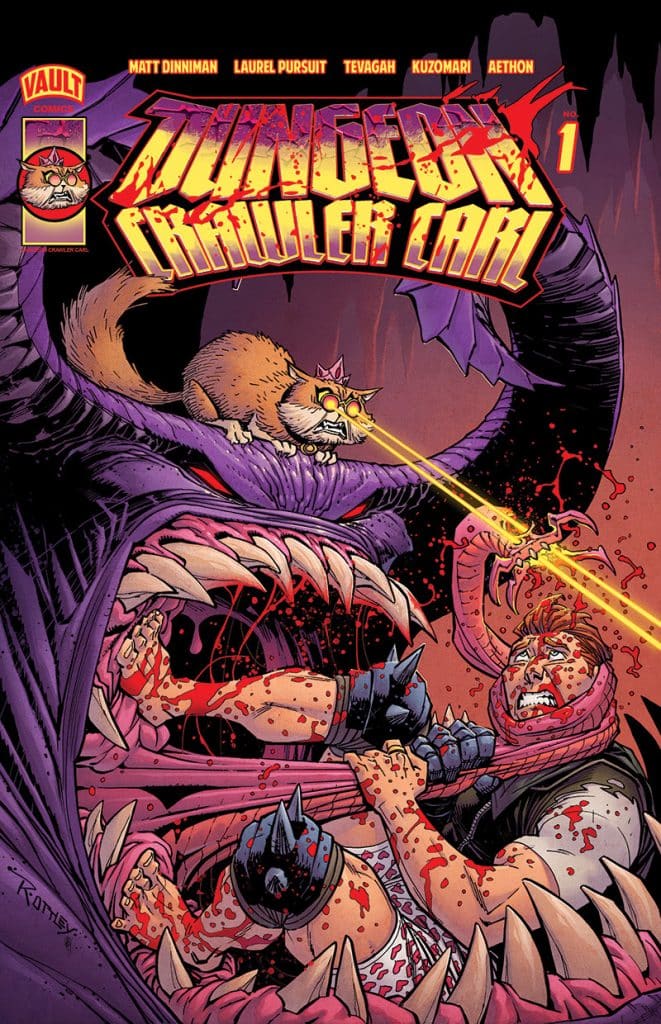 Cover of 'Dungeon Crawler Carl' comic book #1 featuring a character in action with a large, menacing creature, bright colors, and cartoonish art style.
