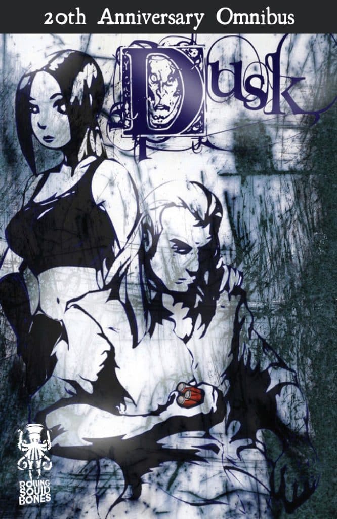 Cover art for the 20th Anniversary Omnibus of 'Dusk', featuring an illustrated woman and a stylized male figure with a mysterious background.