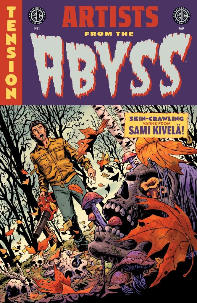 Comic book cover titled 'Artists from the Abyss' featuring a character holding a chainsaw in a forest setting with skulls and mushrooms on the ground, surrounded by autumn leaves.
