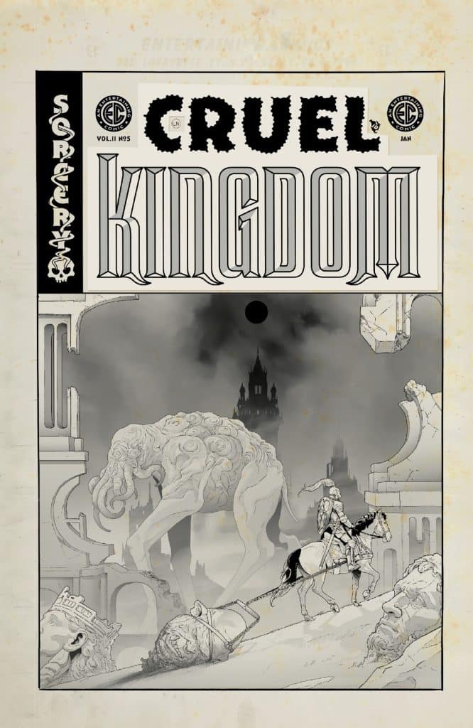 Cover of a comic book titled 'Cruel Kingdom', featuring a knight on horseback in a desolate landscape with a giant creature and ruined architecture.