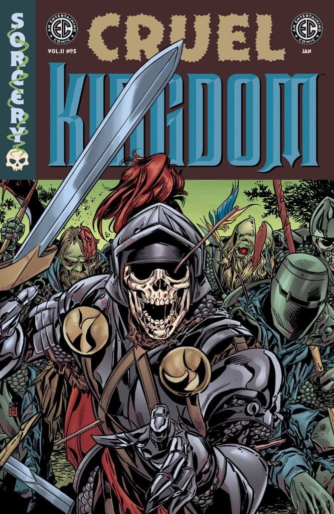 A comic book cover titled 'CRUEL KINGDOM' featuring a skeletal warrior in armor, wielding a sword, surrounded by undead creatures and warriors in a dark, mystical setting.