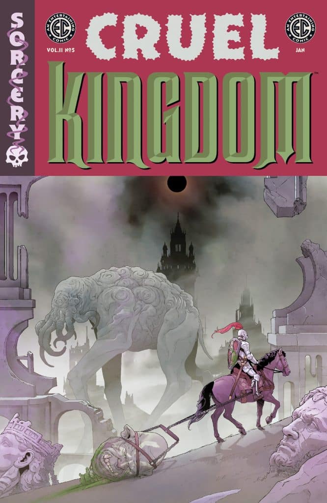 A comic book cover titled 'Cruel Kingdom' featuring a knight on horseback in a mysterious landscape with a large, monstrous figure in the background. The scene is enhanced by ruins and sculptures, adding an eerie atmosphere.