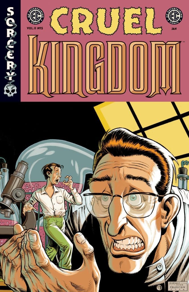 Cover of the comic 'Cruel Kingdom' featuring a worried scientist with glasses and a terrified man in a lab setting, with various scientific equipment in the background.