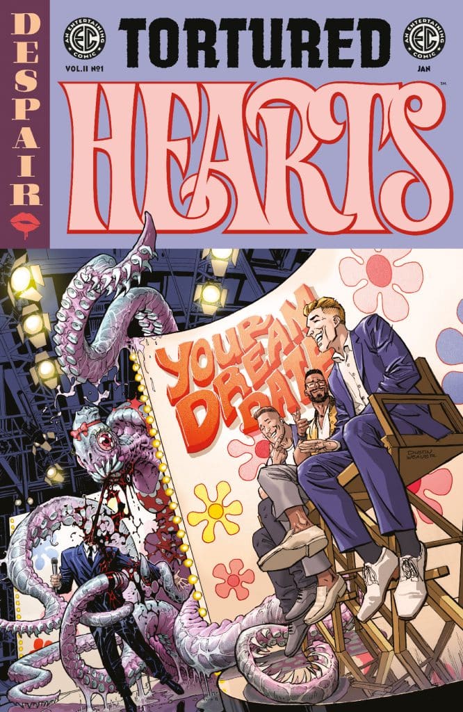 Cover of the comic book 'Tortured Hearts' featuring a monstrous octopus-like creature with a bloody mouth, interacting with two seated men in front of a vibrant backdrop that reads 'Your Dream Date' and stylized flowers.