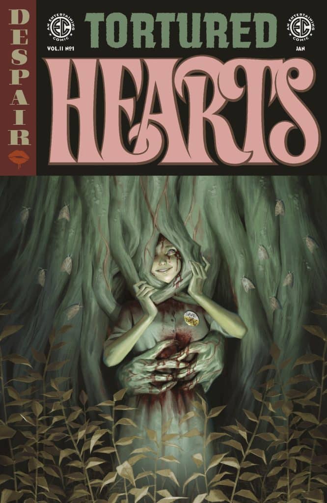 Cover of the comic 'Tortured Hearts' featuring a girl with a sinister smile, blood on her shirt, and menacing hands emerging from behind her, set against a dark, eerie backdrop with foliage.