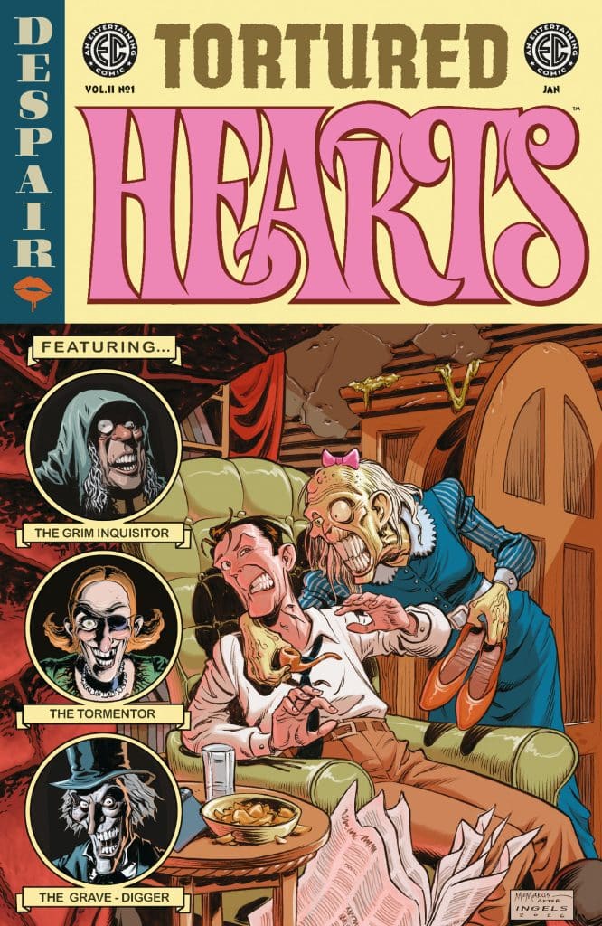 Cover of the comic book 'Tortured Hearts' featuring a terrified man sitting on a couch, surrounded by eerie characters including The Grim Inquisitor, The Tormentor, and The Grave-Digger in a whimsical horror style.