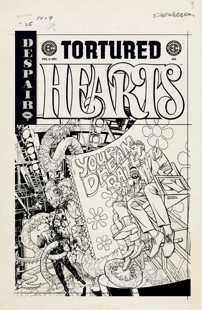Black and white comic book cover for 'Tortured Hearts' featuring an octopus, two men sitting on a set, and the text 'Your Dream Date'.