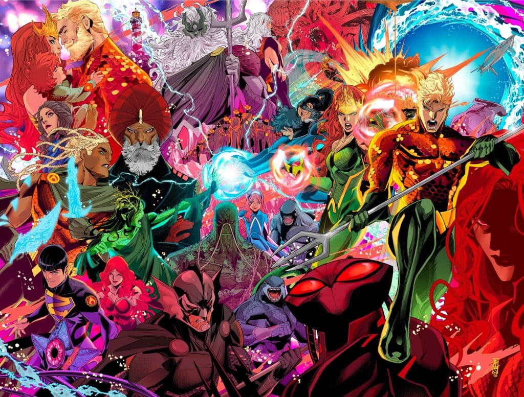 A vibrant comic book illustration featuring various superhero characters, including Aquaman and his allies, surrounded by dynamic action elements and colorful backgrounds.