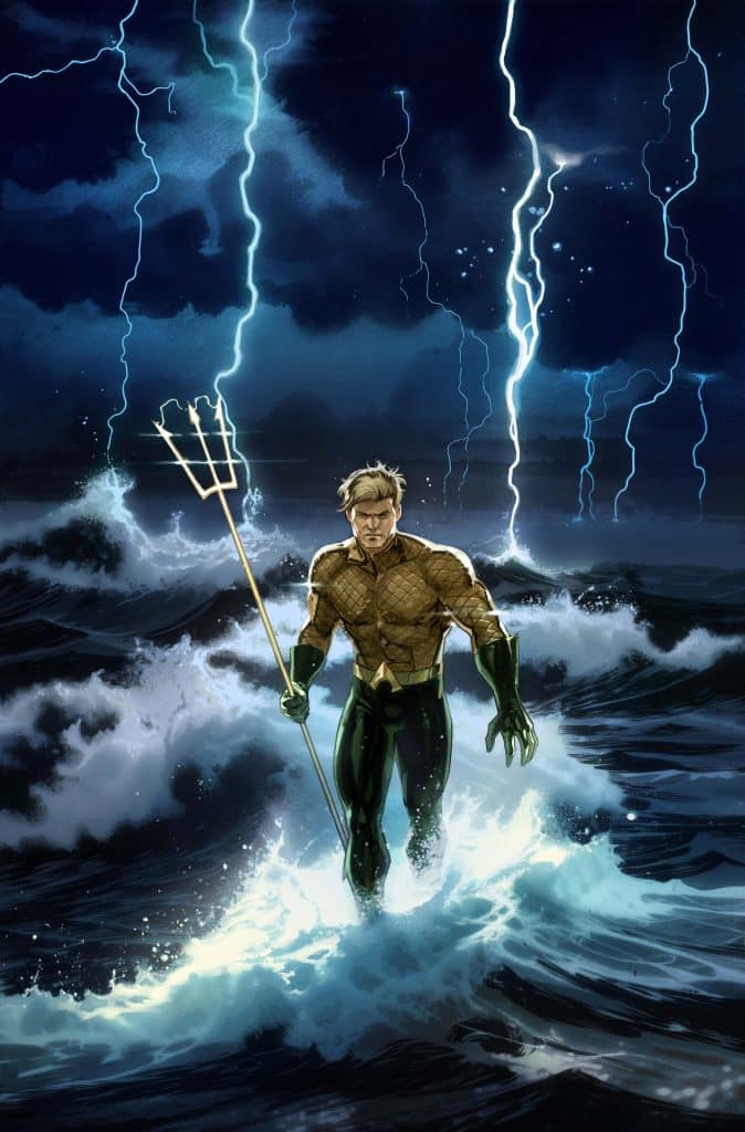 A superhero with blonde hair stands in turbulent ocean water, holding a trident. Dark storm clouds and lightning illuminate the scene.