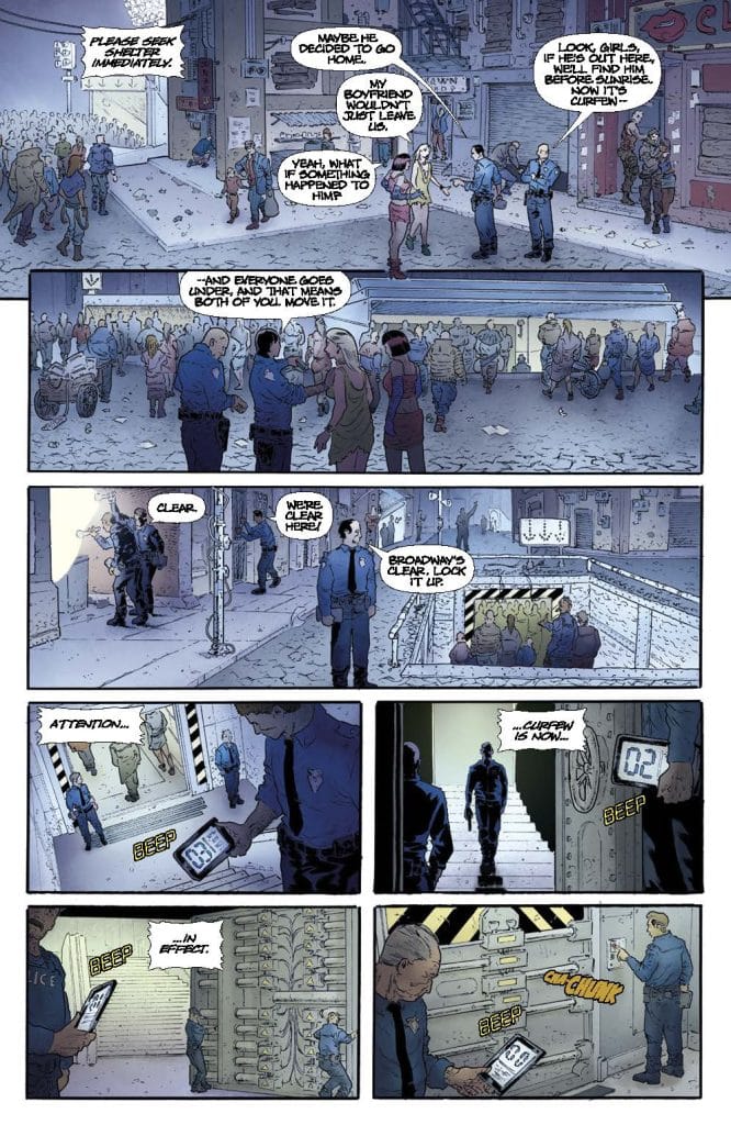 A comic book scene depicting a crowded street in a futuristic city with police officers interacting with civilians, discussing a missing person.