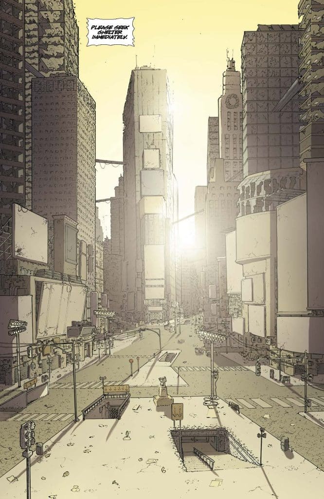 A deserted city street scene with tall buildings and a hazy atmosphere, featuring a bright sun shining in the background. There are empty street signs, scattered debris, and an underground entrance visible in the foreground. A message urging people to seek shelter immediately is displayed in the top left corner.