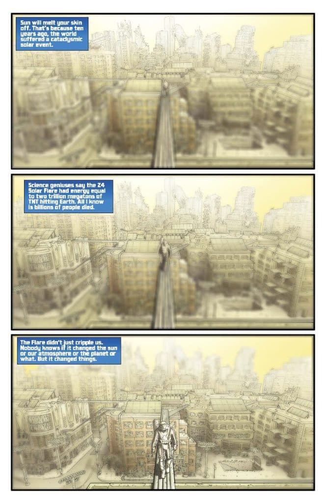 A comic-style illustration depicting a futuristic cityscape affected by a catastrophic solar event. Text boxes convey the narrative about the event's devastating impact, mentioning billions of deaths and changes to the planet.