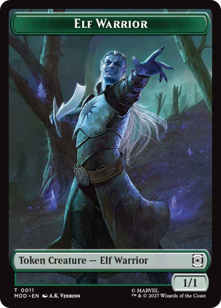 A digital illustration of an Elf Warrior character in a fantasy setting, featuring a male elf with long white hair, wielding two blades, and striking a dynamic pose amidst a mystical landscape.