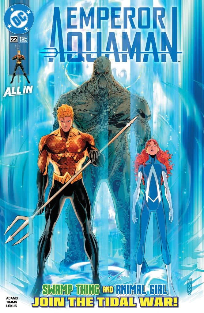 Cover of 'Emperor Aquaman' comic book issue 22 featuring Aquaman, Swamp Thing, and Animal Girl amidst a blue water-themed background.