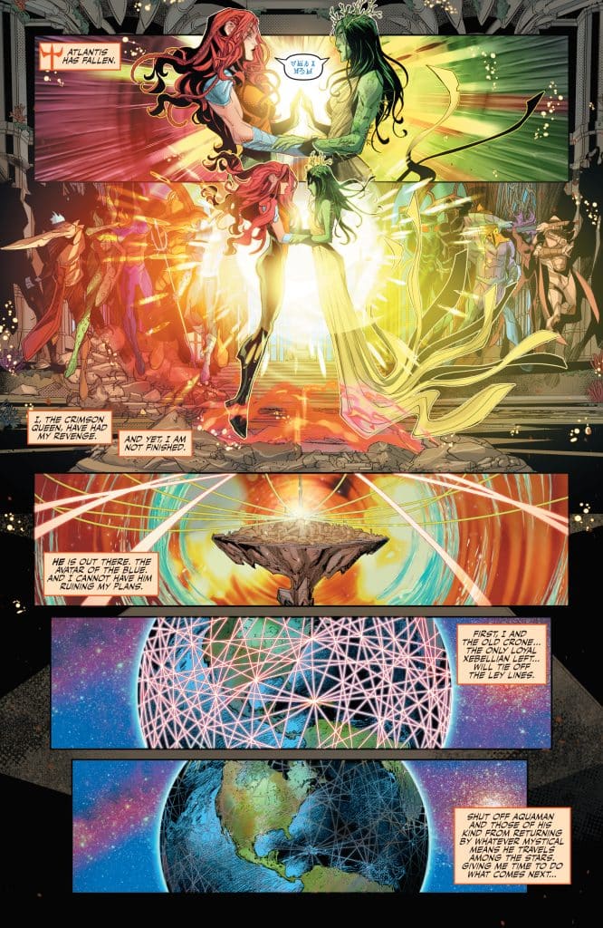A comic book page depicting a confrontation between two female characters, one with red hair and the other with green hair, surrounded by a burst of light. Various figures and a destroyed environment are visible in the background.