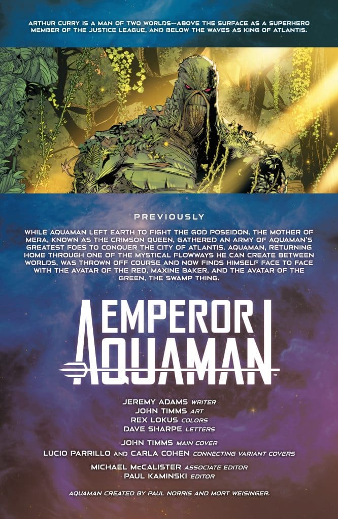 Graphic novel cover featuring Aquaman, also known as Arthur Curry, depicted in a mystical underwater scene alongside the Swamp Thing, with a title reading 'Emperor Aquaman'.